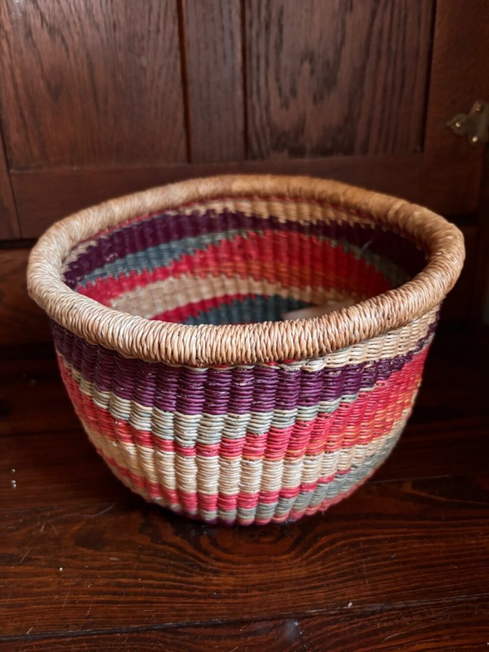 African Ghana Plant Basket Sunset Bowl Handmade Vibrant Woven Stripes Perfect Fo